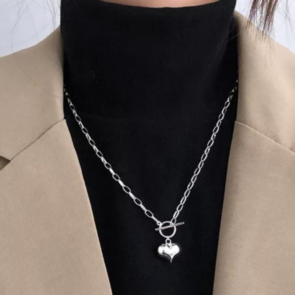 925 Sterling Sliver Chunky Toggle Heart Necklace, nice Necklace, cute Necklace.